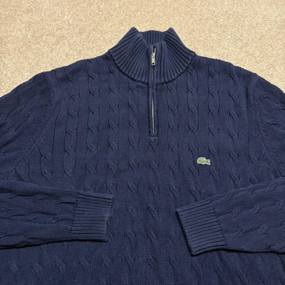 Lacoste Cable Knit Sweater Mens XL Blue 1/4 Zip Mock Cotton Croc Logo Preppy